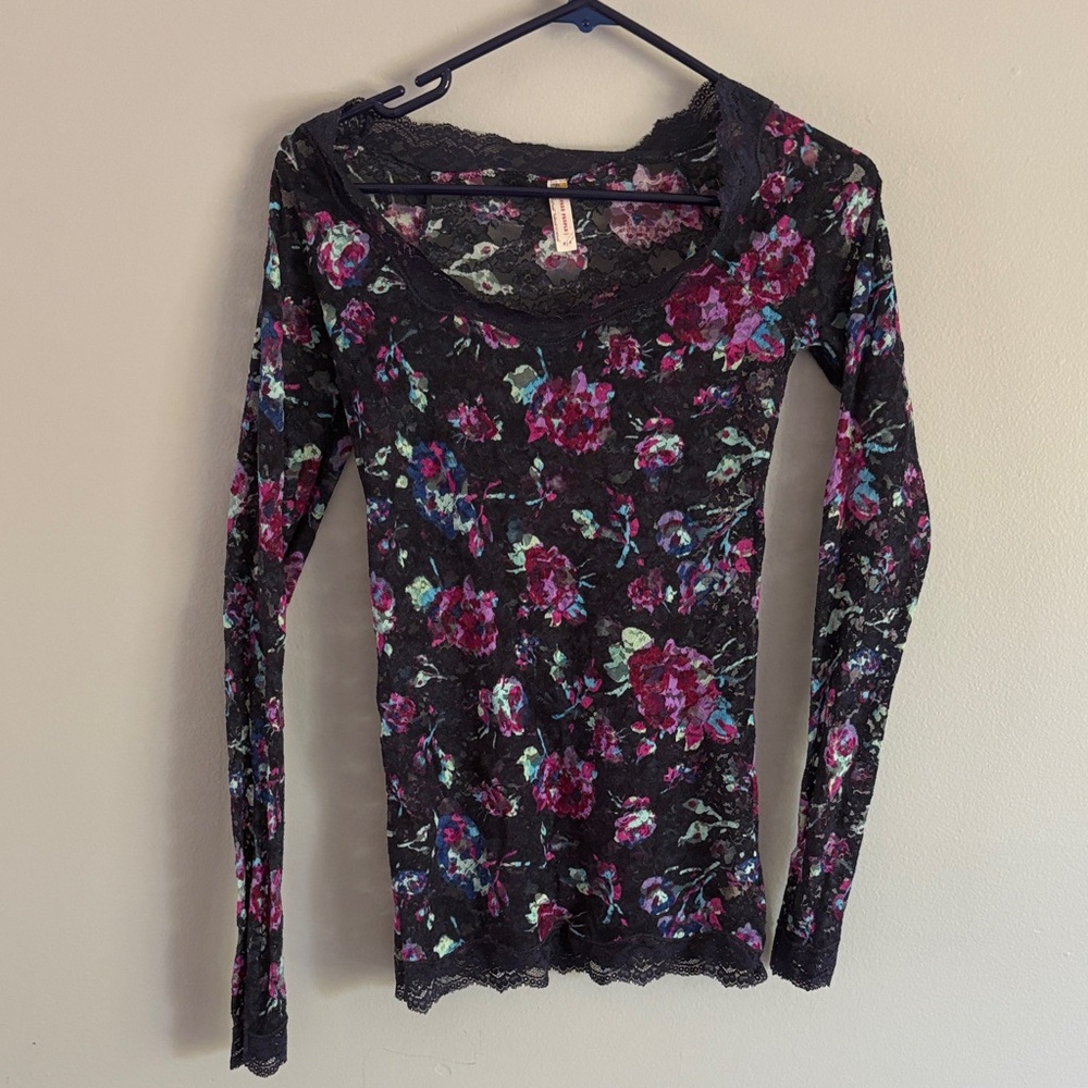 Vintage free people sheerFloral Long Sleeve Lace Top